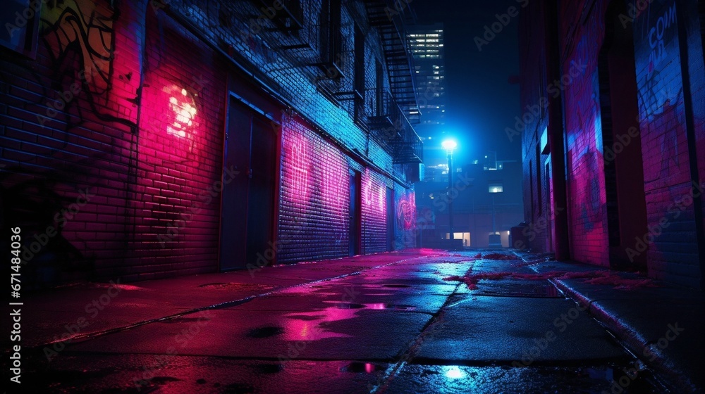 Fototapeta premium night street in the city, Neon-lit brick texture with red and blue accents, urban nightlife vibes, intense neon lighting, street art background