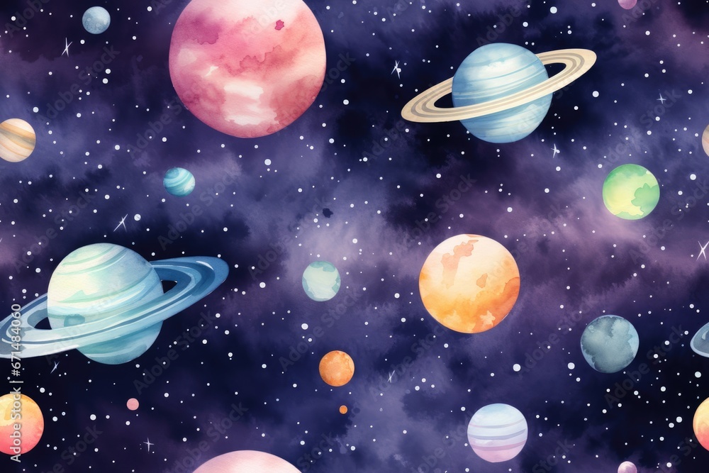 Seamless pattern of watercolor outer cosmos space with different planet