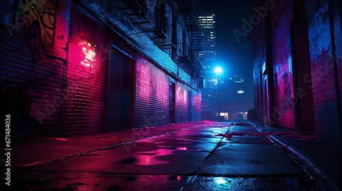 night street in the city, Neon-lit brick texture with red and blue accents, urban nightlife vibes, intense neon lighting, street art background photo