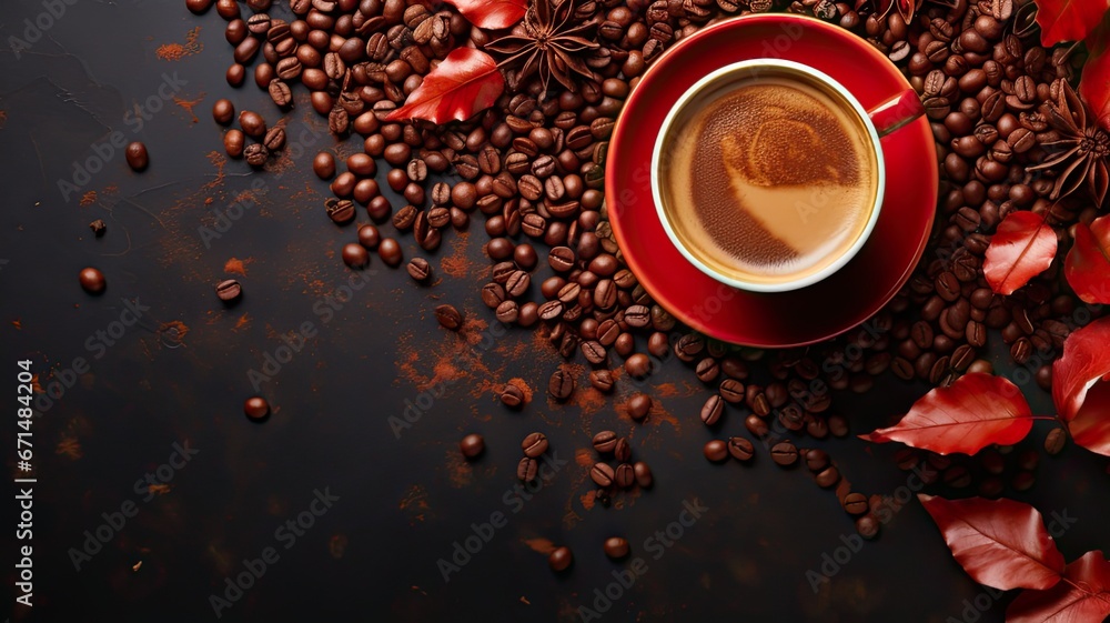 Obraz premium Background template with cup of coffee and grains and autumn leaves