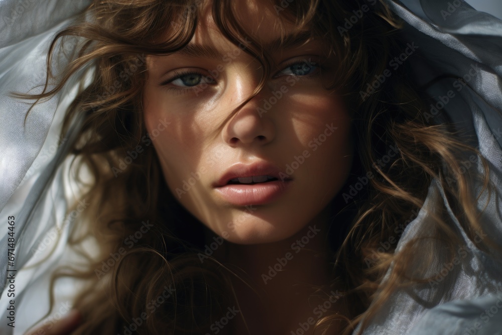 Photo of a beautiful woman surrounded by a light flowing fabric that flutters in the wind, close-up Photo of a beautiful woman surrounded by a light flowing fabric that flutters in the wind, close-up