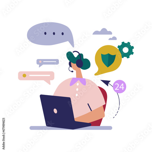 Сustomer service, hotline operator advises customer, online global technical support 24/7, customer and operator. Vector illustration.