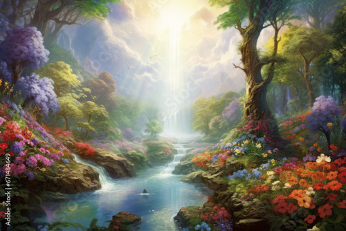 The concept of   Garden of Eden   that appears in the Old Testament   Genesis  .  Paradise  where colorful flowers bloom. Rivers water the garden and cultivate the earth. imaginary image.
