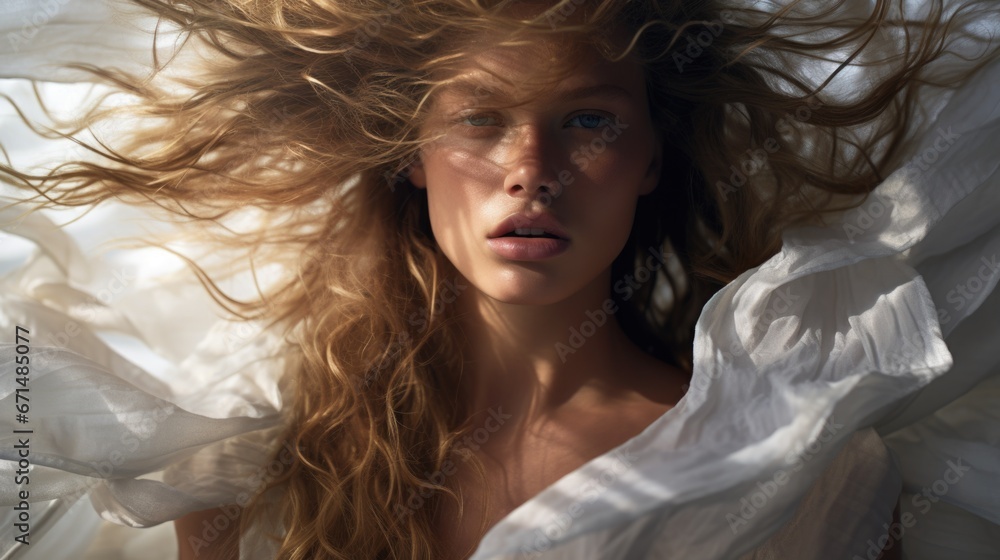 Photo of a beautiful woman surrounded by a light flowing fabric that flutters in the wind, close-up Photo of a beautiful woman surrounded by a light flowing fabric that flutters in the wind, close-up