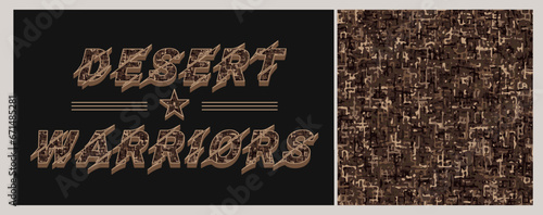 Set of camo pattern, label. Brown T-shirt typography with camouflage texture. Horizontal word Desert Warriors with military star. For sport goods, textile design Not AI