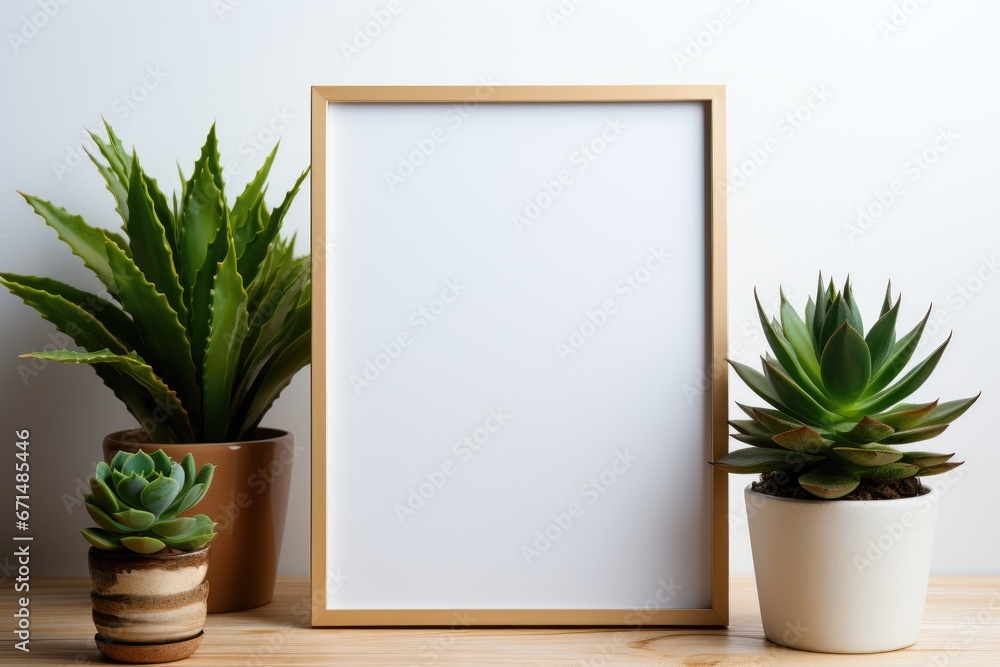 Fototapeta premium frame with blank poster mockup on wooden table with green succulent in pot