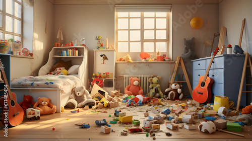 Children room full with toys ,Mess due to toys scattered on the floor photo
