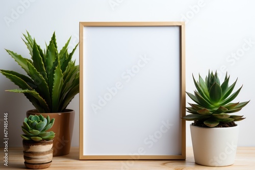 frame with blank poster mockup on wooden table with green succulent in pot photo
