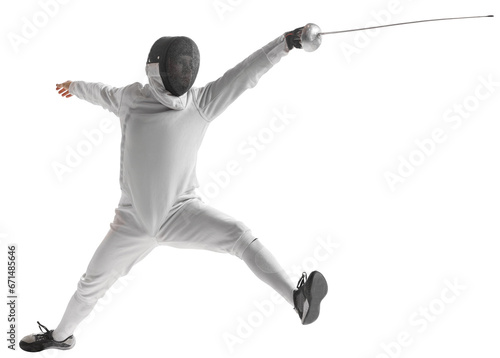 Dynamic portrait of male athlete in fencing costume with sword in hand in action isolated on transparent background © Lustre