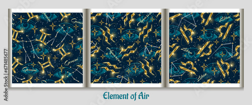 Seamless patterns with golden icon of zodiac sign Libra, Gemini, Aquarius, constellation with stars, text, third eye, all seeing eye. Esoteric concept. For prints, clothing, t shirt, surface design