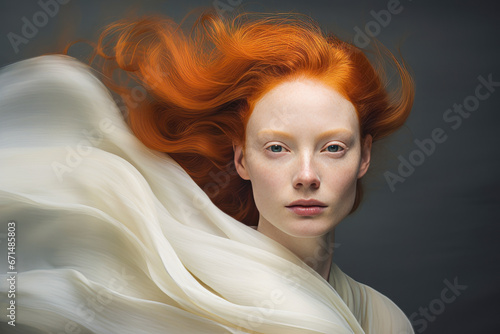 Windy redhead woman, freckled, mysterious and cold.