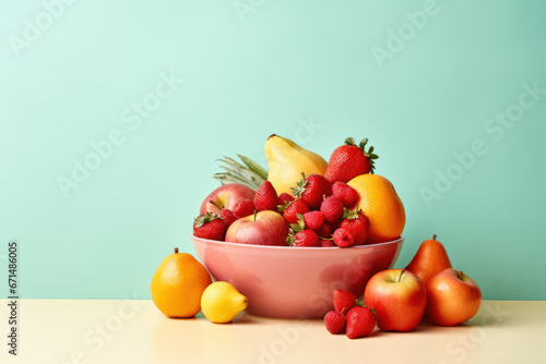 Inviting studio scene with fresh fruit set on pastel studio wall background  offering a clean and pleasing backdrop for the fruit and copy space for text integration. Generative AI