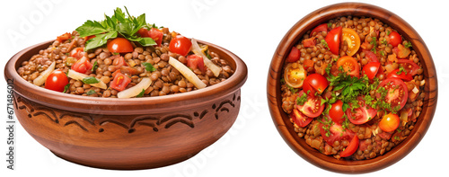Bundle of moroccan harira salad with lentils and tomatoes isolated on white background