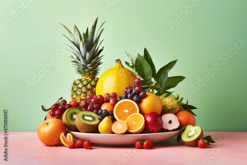 Inviting studio scene with fresh fruit set on pastel studio wall background  offering a clean and pleasing backdrop for the fruit and copy space for text integration. Generative AI
