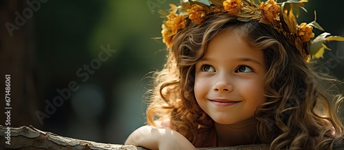 Smiling girl with a paper crown hugging tree in park Love for nature idea