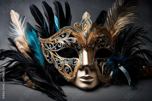 A close-up of an elegantly designed New Year's Eve mask adorned with shimmering sequins, feathers, and intricate details, capturing the anticipation of a masquerade ball © sungat