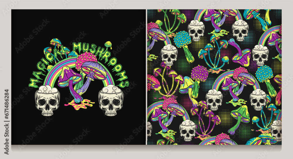 Seamless vivid colorful pattern, label with text, colorful mushrooms, psychedelic rainbow, human half skull, circular halftone shapes, text. Concept of madness. Vintage style. Not AI