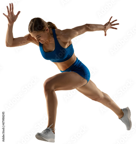 Dynamic portrait of woman, professional athlete, runner or jogger training in motion isolated on transparent background © Lustre