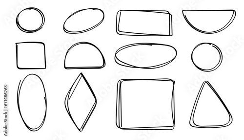 Grunge circles squares triangle set, hand drawn encircle round and rectangle highlight elements. Sketchy important marker accentuation shapes. Doodle frame design. Isolated. Vector illustration.