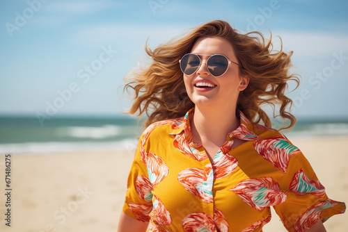 Plus size beautiful woman in vibrant clothes and sunglasses walking at the beach. Vacation concept. Body positive consept. Generative AI
