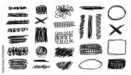 Scribble stripes, borders, lines, underlines, emphasis hand-drawn elements. Sketchy important marker accentuation shapes. Isolated. Vector illustration