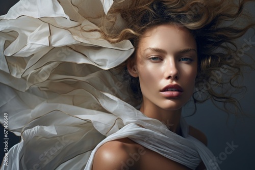 Photo of a beautiful woman surrounded by a light flowing fabric that flutters in the wind, close-up