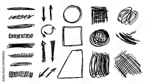 Scribble stripes, borders, lines, underlines, emphasis hand-drawn elements. Sketchy important marker accentuation shapes. Isolated. Vector illustration