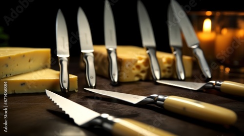 Cheese and knives on a table, AI photo