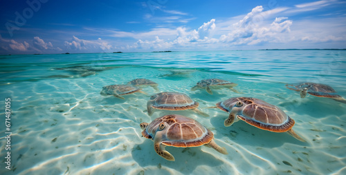 sea turtle on the beach, limulus swimming in blue maldive beach photo