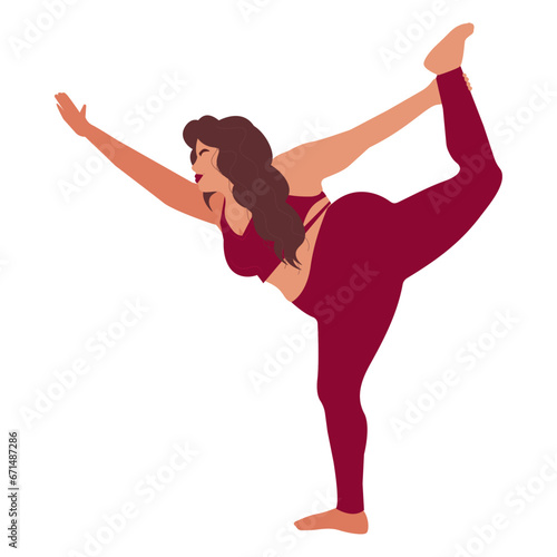 young girl is doing yoga exercises in red sportswear. plus, a girl from siize fitness practices stretching on a mat. body positive, sports vector conceptual illustration.