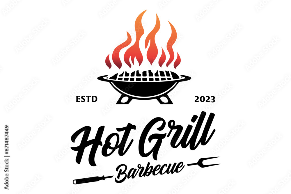 Barbecue Grill Meat Logo design .A black and white logo depicting a grill and a flame; perfect for a restaurant, barbeque business, grill accessories company - obrazy, fototapety, plakaty 