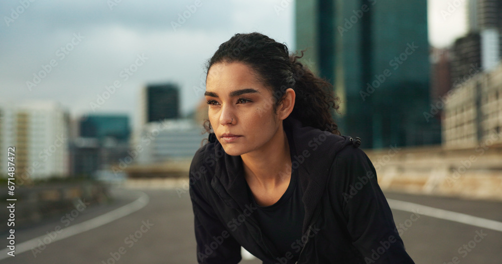 Woman, athlete and thinking outdoor for fitness, exercise or wellness with city background or nature. Runner, person or mindfulness for workout, training and healthy body with sportswear in town road