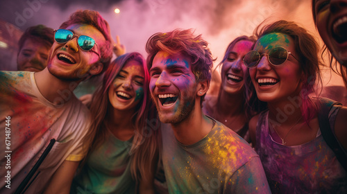 Close-up group of happy young people after playing with colourful holi powder during festival celebration. Holy colors festival. Generative AI
