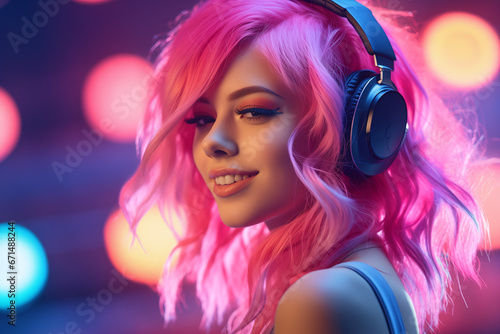 Young beautiful girl with pink hair, listening music, podcast or audiobook with headphones. Walking on the night street. Happy mood, smiling face. Generative AI photo