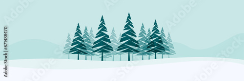 Winter landscape background of a forest in mountain. Header and banner. Vector illustration.