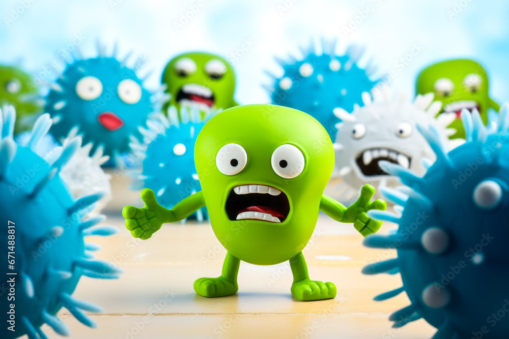 3D humorous drawing of wary microbe amid virus army. - obrazy, fototapety, plakaty 