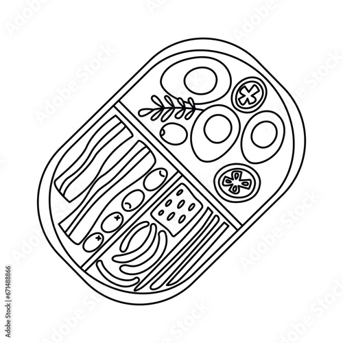 Simple linear icon of school or office lunch box with breakfast or lunch. Fresh food for healthy diet. School breakfast. For menus, school canteens, posters, banners, fabrics, textiles, paper. Vector