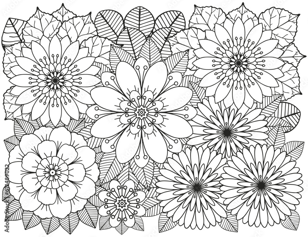 Coloring page for children and adults. Bouquet of flowers.