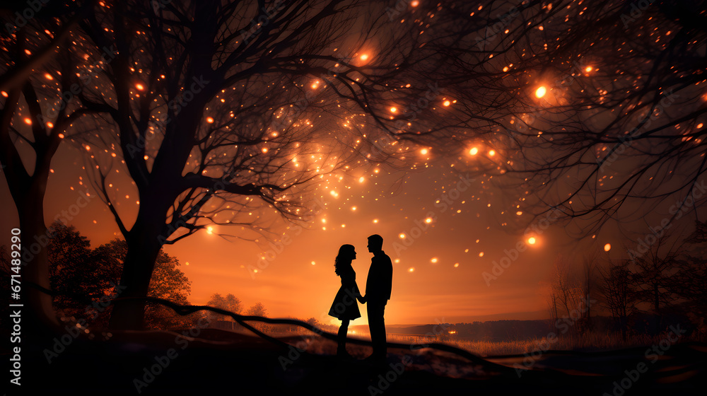 A couple gazing into each other's eyes beneath a canopy of twinkling stars, setting a lovely and dreamy scene for Valentine's Day. - obrazy, fototapety, plakaty 