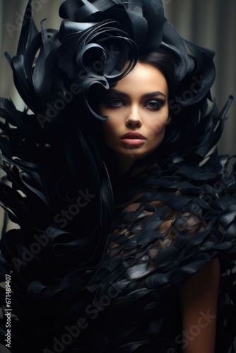 Beautiful supermodel in an abstract  designer black dress  close-up