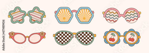 Sunglasses set in retro groovy hippie style. Different forms stars, flowers. Vector illustration 70s 80s