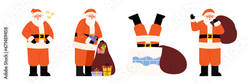 Santa Claus character happy in different poses collects gifts in bag. Merry laughing Old man in red suit with big gift sack. Vector flat illustration on white background
