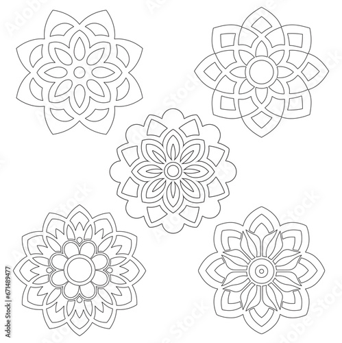 Set of hand drawn Floral Mandal outlines in the of style on white background