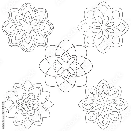 Set of hand drawn Floral Mandal outlines in the of style on white background