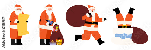Santa Claus character in different poses smiling delivers gifts. Old man in red costume climbs down chimney. Santa Reading Christmas wish list. Vector flat illustration on white background