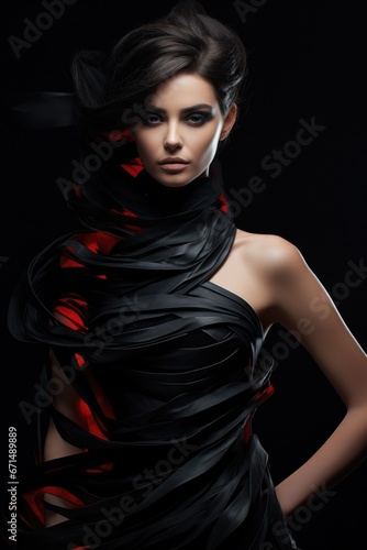 Beautiful supermodel in an abstract  designer black dress  close-up