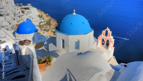 beautiful view of the blue dome of Oia in Santorini  Greece 