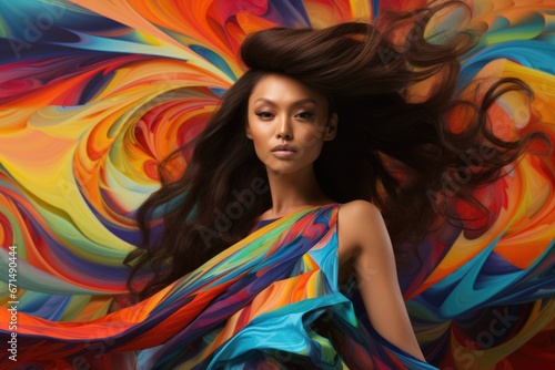 Beautiful supermodel in an abstract, designer dress on an abstract colorful background, close-up