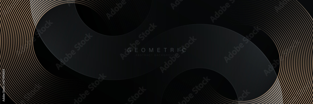 Black abstract background. Elegant dark gradient geometric element. Modern gold circle lines pattern. Luxury style. Horizontal banner template. Suit for cover, banner, brochure, poster, presentation - obrazy, fototapety, plakaty 