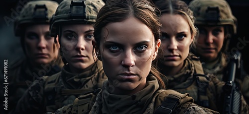 Group of military women standing in line. Symbol of female soldiers figting for freedom at war. 